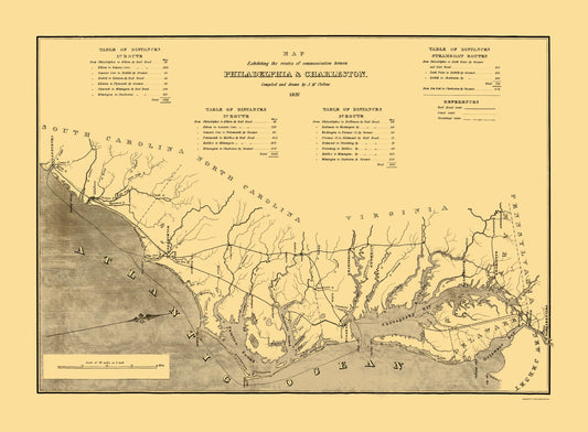 Railroad Map - Philadelphia Charleston Communication Routes - McClellan 1837 - 23x31 - Vintage Wall Art
