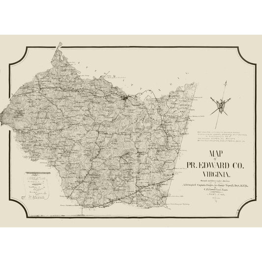 Historic County Map - Prince Edward County Virginia - Cassell 1864 - 31.29 x 23 - Vintage Wall Art