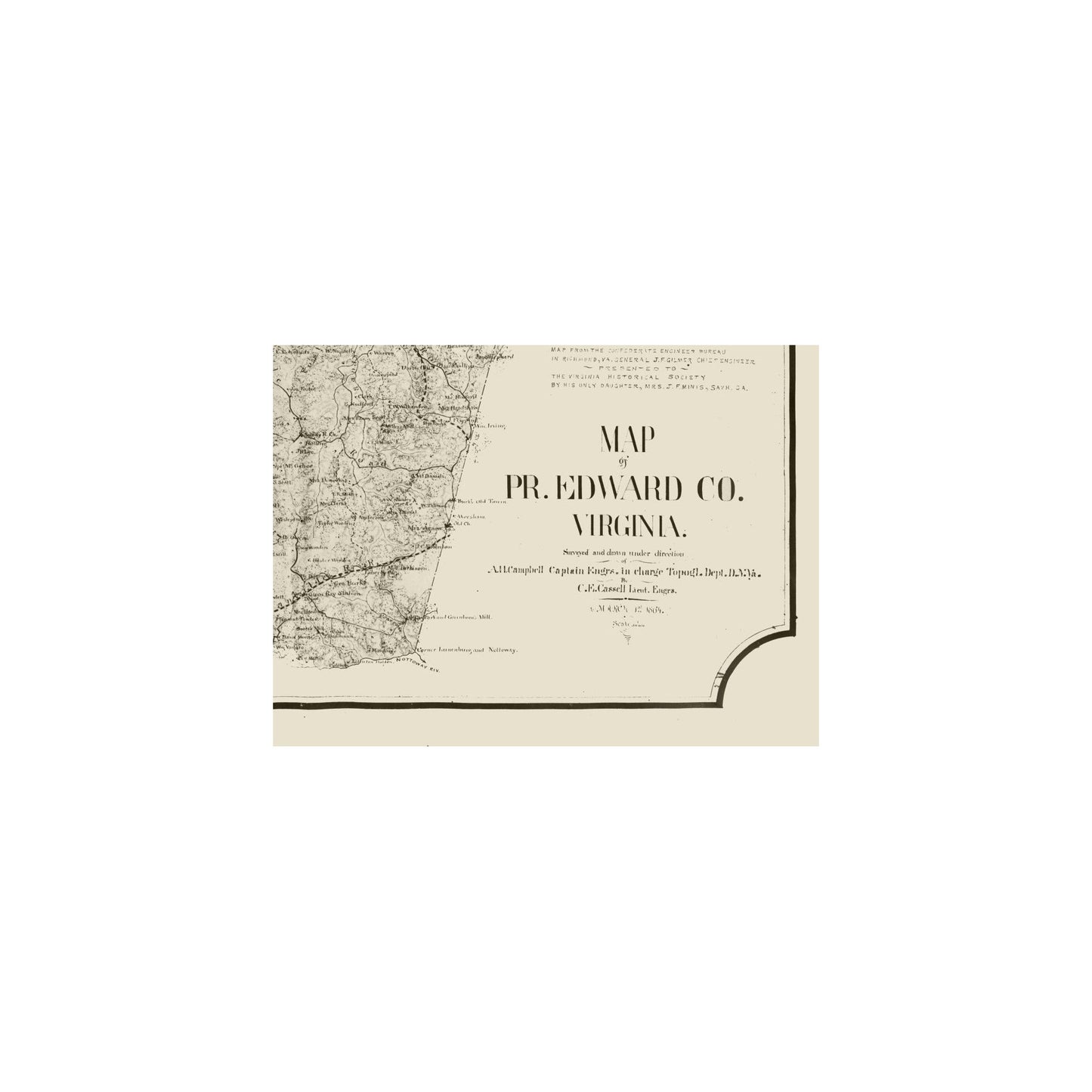 Historic County Map - Prince Edward County Virginia - Cassell 1864 - 31.29 x 23 - Vintage Wall Art