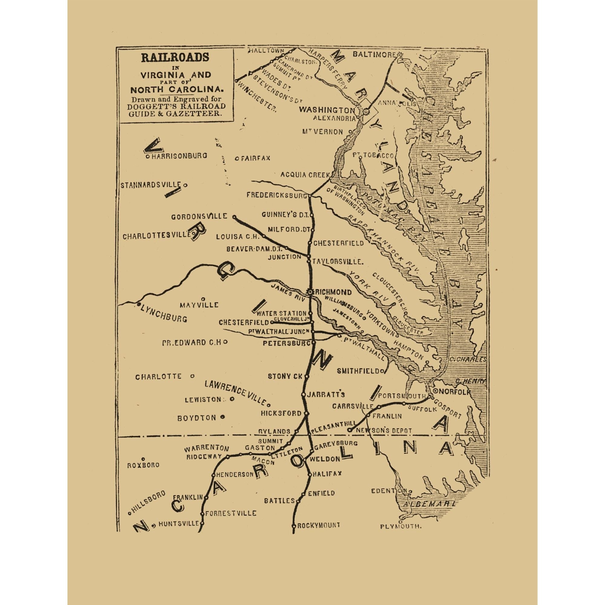 Railroad Map - Railroads Virginia North Carolina - 1848 - 23 x 29.59 ...