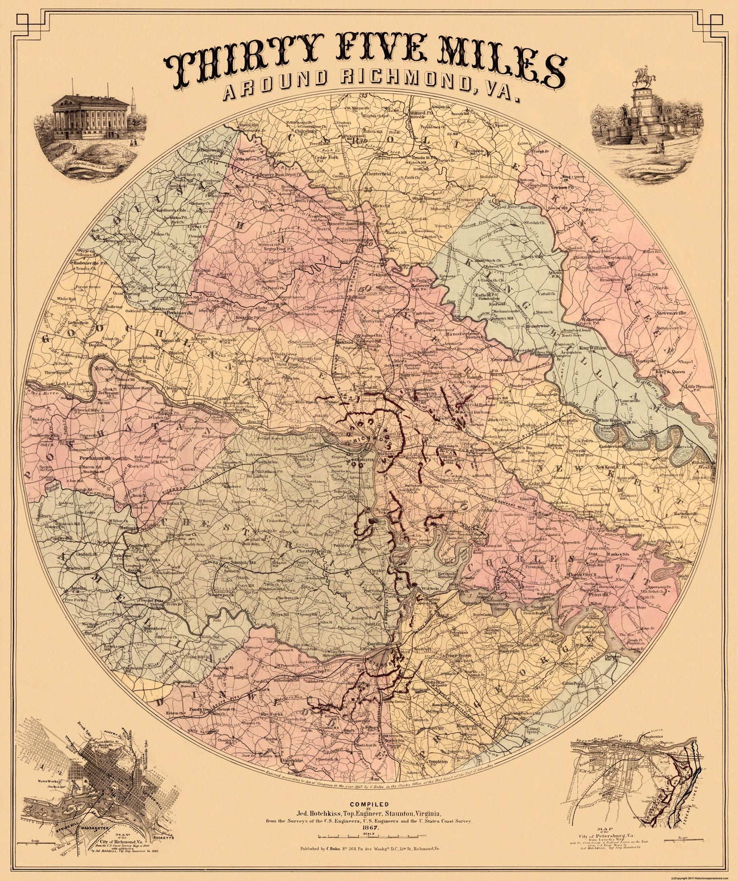 Historic City Map - Richmond Virginia Vicinity - Bohn 1867 - 23 x 27.44 - Vintage Wall Art