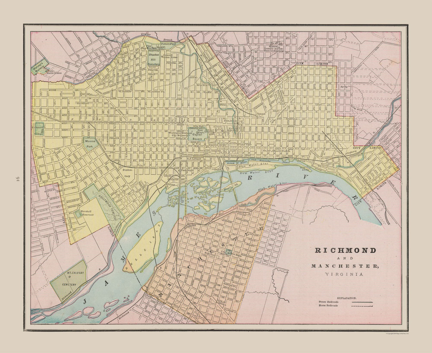 Historic City Map - Richmond Manchester Virginia - Cram 1892 - 28.12 x 23 - Vintage Wall Art