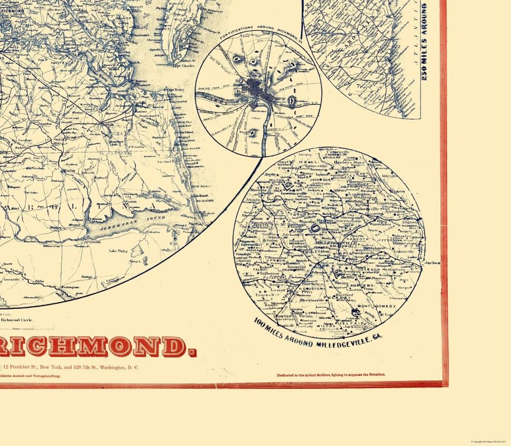 Historical Civil War Map - Richmond Virginia 150 Mile Vicinity - Magnus 1864 - 26.36 x 23 - Vintage Wall Art