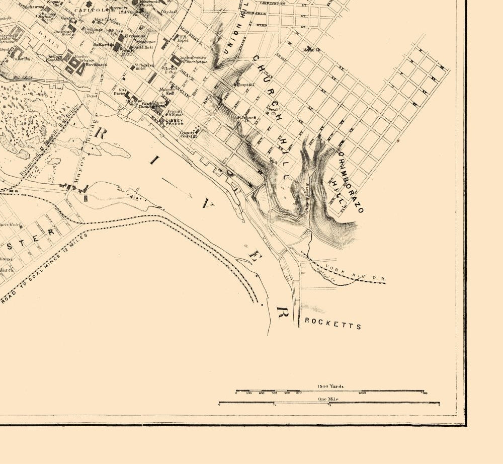 Historic City Map - Richmond Virginia - Adams 1864 - 24.94 x 23 - Vintage Wall Art