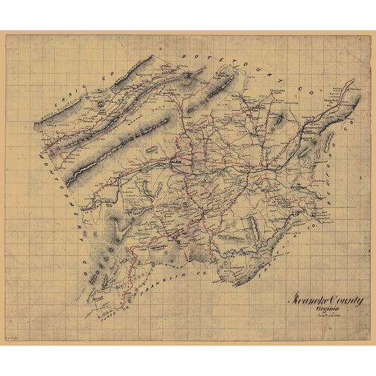 Historic County Map - Roanoke County Virginia - 1860 - 27.42 x 23 - Vintage Wall Art