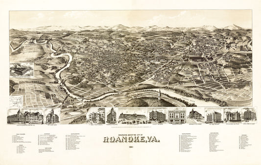 Historic Panoramic View - Roanoke Virginia - 1891 - 36.28 x 23 - Vintage Wall Art