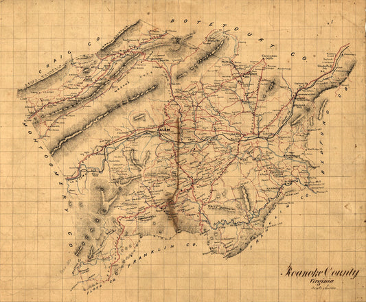 Historic County Map - Roanoke County Virginia 1860 - 27.87 x 23 - Vintage Wall Art