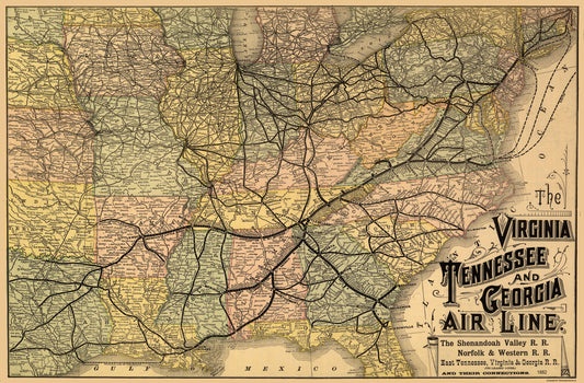 Railroad Map - Virginia Tennessee Georgia Railroads - 1882 - 35 x 23 - Vintage Wall Art