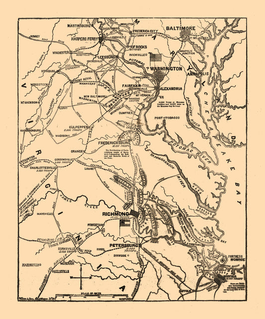 Historical Civil War Map - Virginia Theatre - 1861 - 23 x 27.72 - Vintage Wall Art