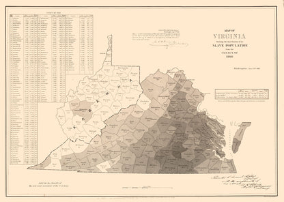 Historic State Map - Virginia Slave Population - Kennedy 1861 - 32.26 x 23 - Vintage Wall Art