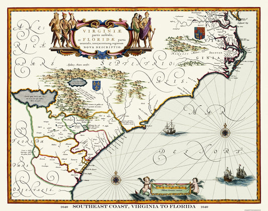Historic Nautical Map - Virginia Florida - Southeast Coast - 1640 - 29.13 x 23 - Vintage Wall Art