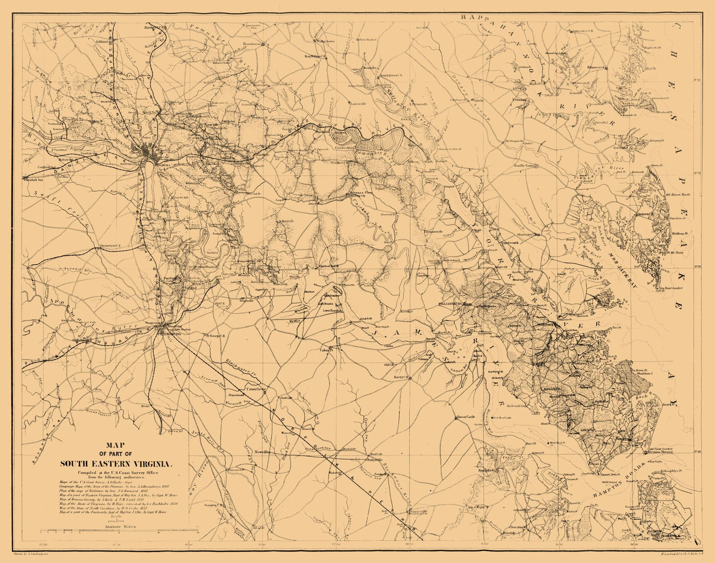 Historic State Map - Virginia South East - Cooke 1862 - 29.21 x 23 - Vintage Wall Art