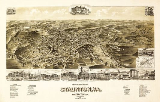 Historic Panoramic View - Staunton Virginia - 1891 - 36.13 x 23 - Vintage Wall Art