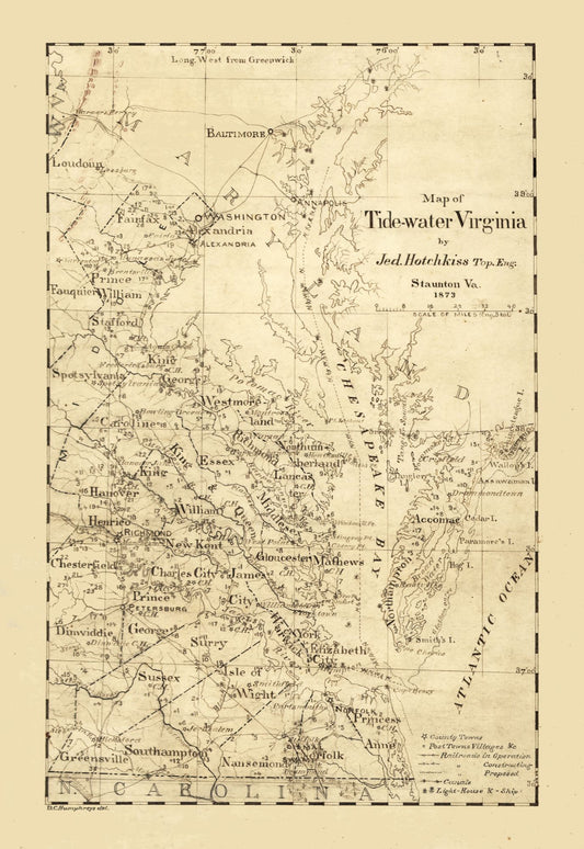 Historic State Map - Virginia Tidewaters - Hotchkiss 1873 - 23 x 33.41 - Vintage Wall Art