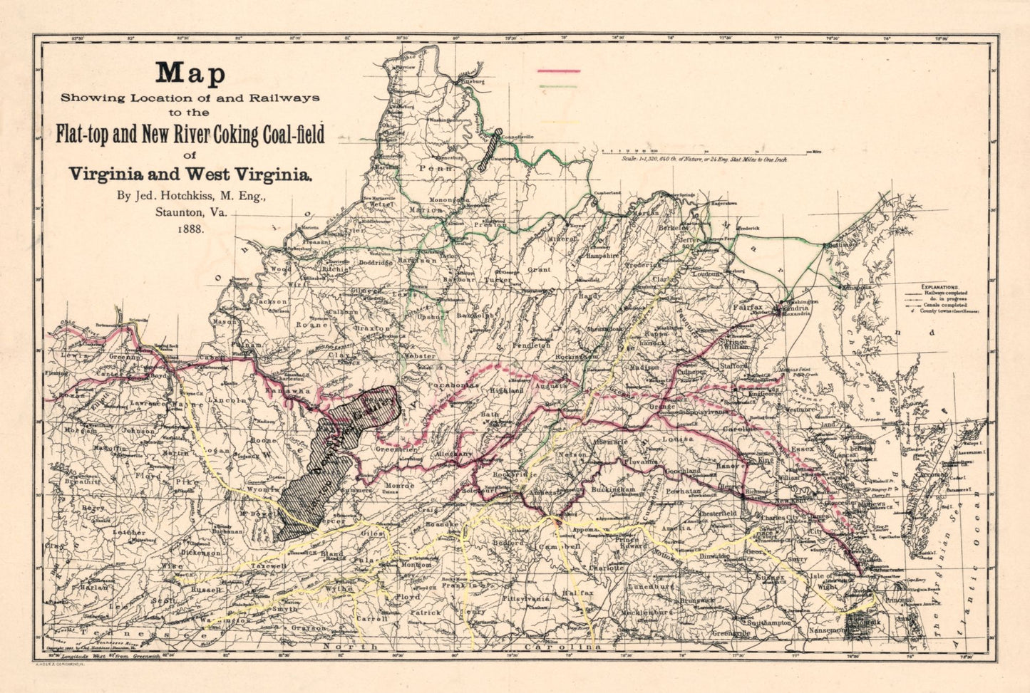 Railroad Map - Virginia West Virginia - Hotchkiss 1888 - 34.15 x 23 - Vintage Wall Art