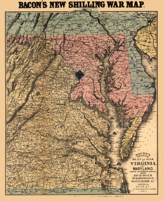 Historical Civil War Map - Virginia Maryland - Bacon 1864 - 23 x 28.30 - Vintage Wall Art