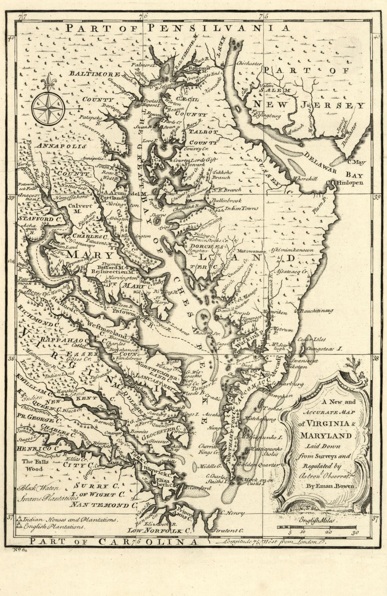 Historic State Map - Virginia Maryland - Bowen 1752 - 23 x 35.42 - Vintage Wall Art