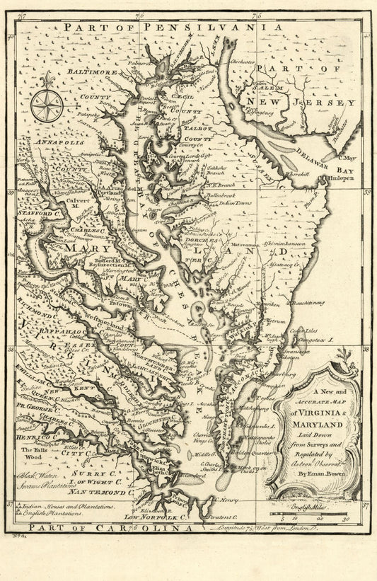 Historic State Map - Virginia Maryland - Bowen 1752 - 23 x 35.42 - Vintage Wall Art