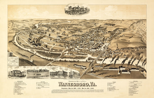 Historic Panoramic View - Waynesboro Virginia - Perry 1891 - 36.03 x 23 - Vintage Wall Art