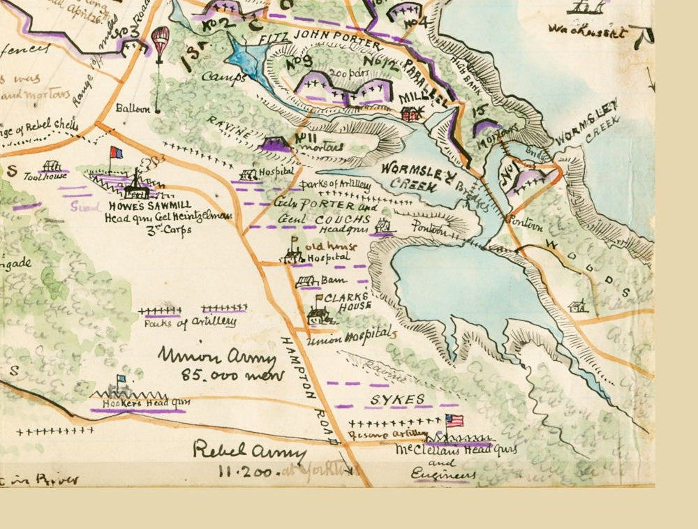 Historical Civil War Map - Yorktown Virginia - Heinitzelman 1862 - 30.33 x 23 - Vintage Wall Art