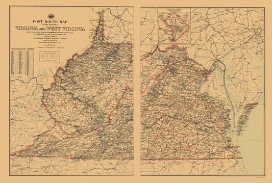 Historic State Map - Virginia West Virginia Postal Routes - USPS 1896 - 23 x 34.15 - Vintage Wall Art