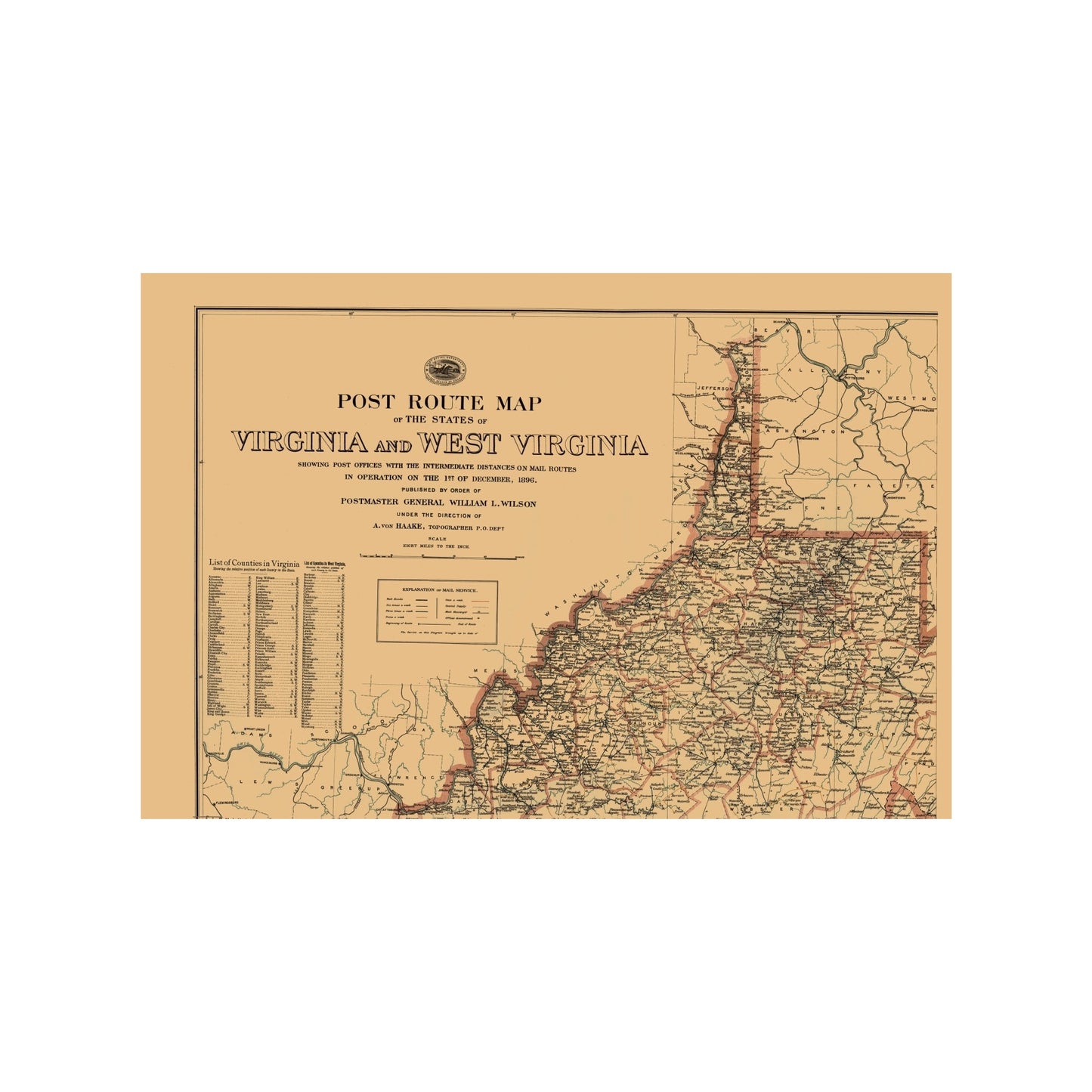 Historic State Map - Virginia West Virginia Postal Routes - USPS 1896 - 23 x 34.15 - Vintage Wall Art