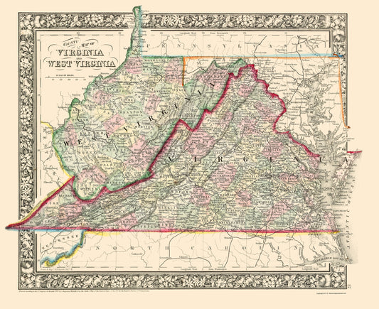 Historic State Map - Virginia West Virginia Counties - Mitchell 1863 - 23 x 28.17 - Vintage Wall Art