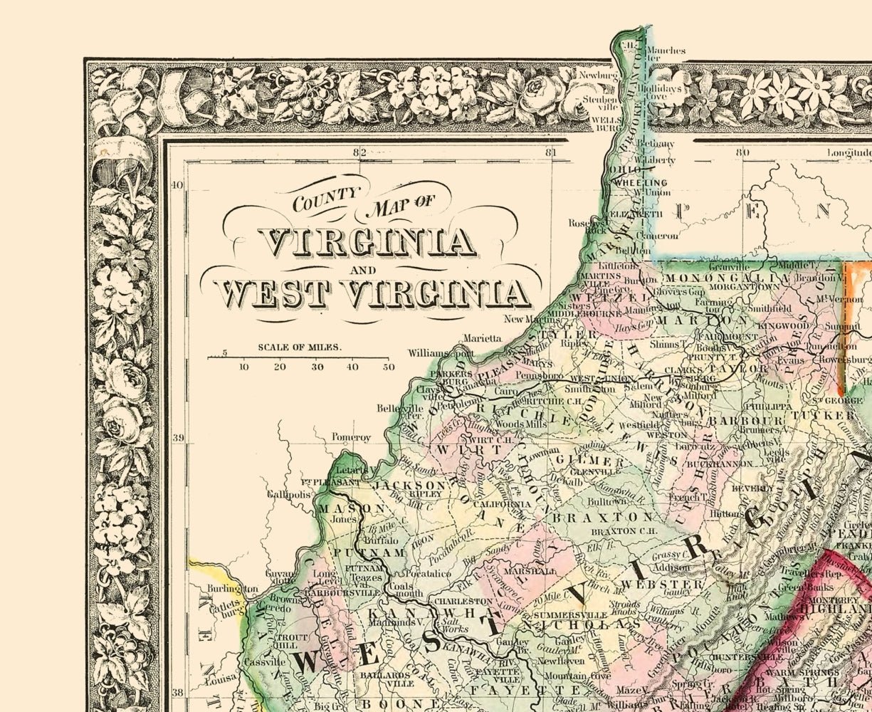 Antique 1874 Virginia & West Virginia Map by S.A. online Mitchell – Richmond Fairfax Lynchburg Chesapeake Bay Washington DC Shenandoah Valley VA WV