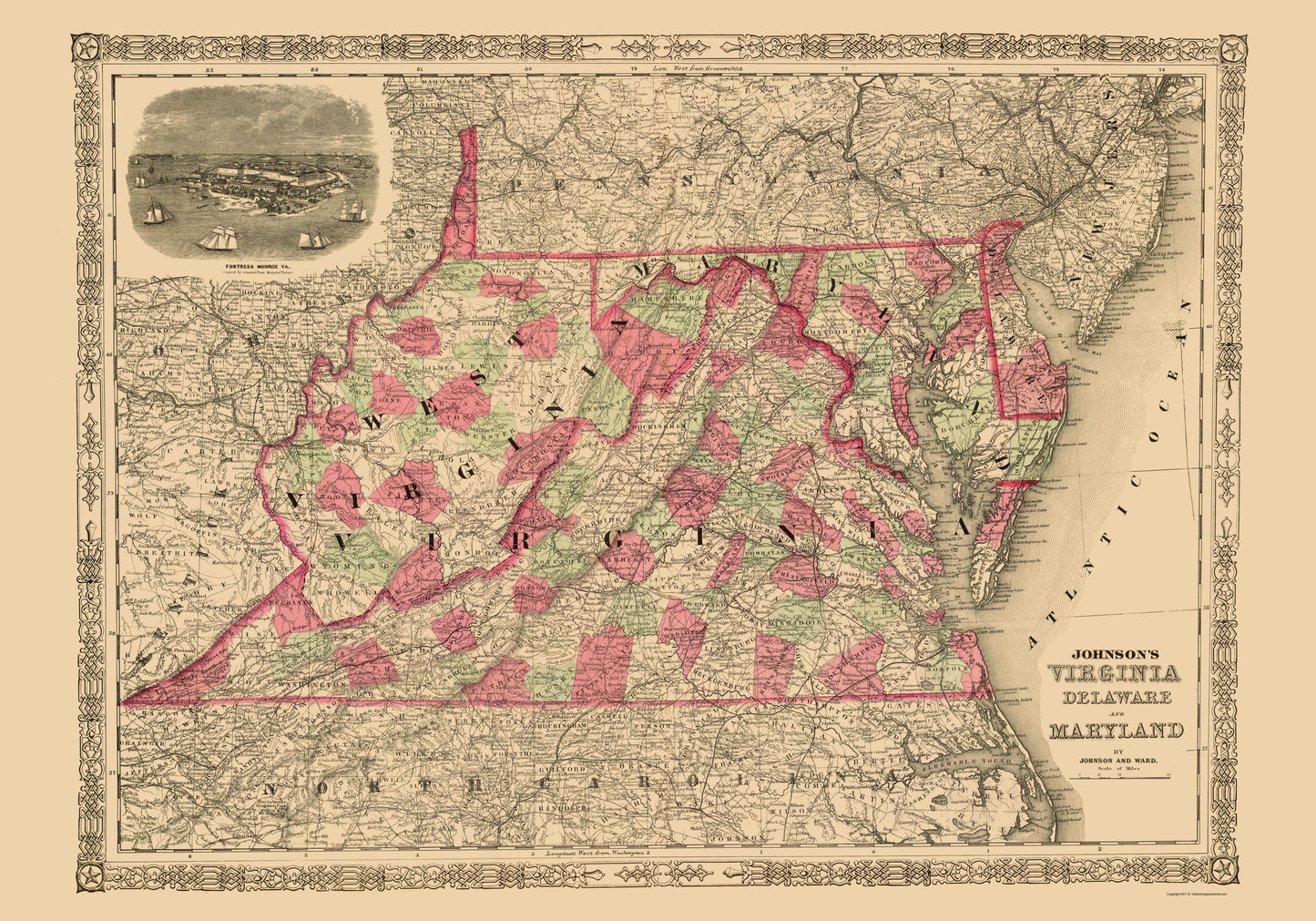 Historic State Map - Virginia Maryland Delaware - Johnson 1864 - 23 x 32.88 - Vintage Wall Art