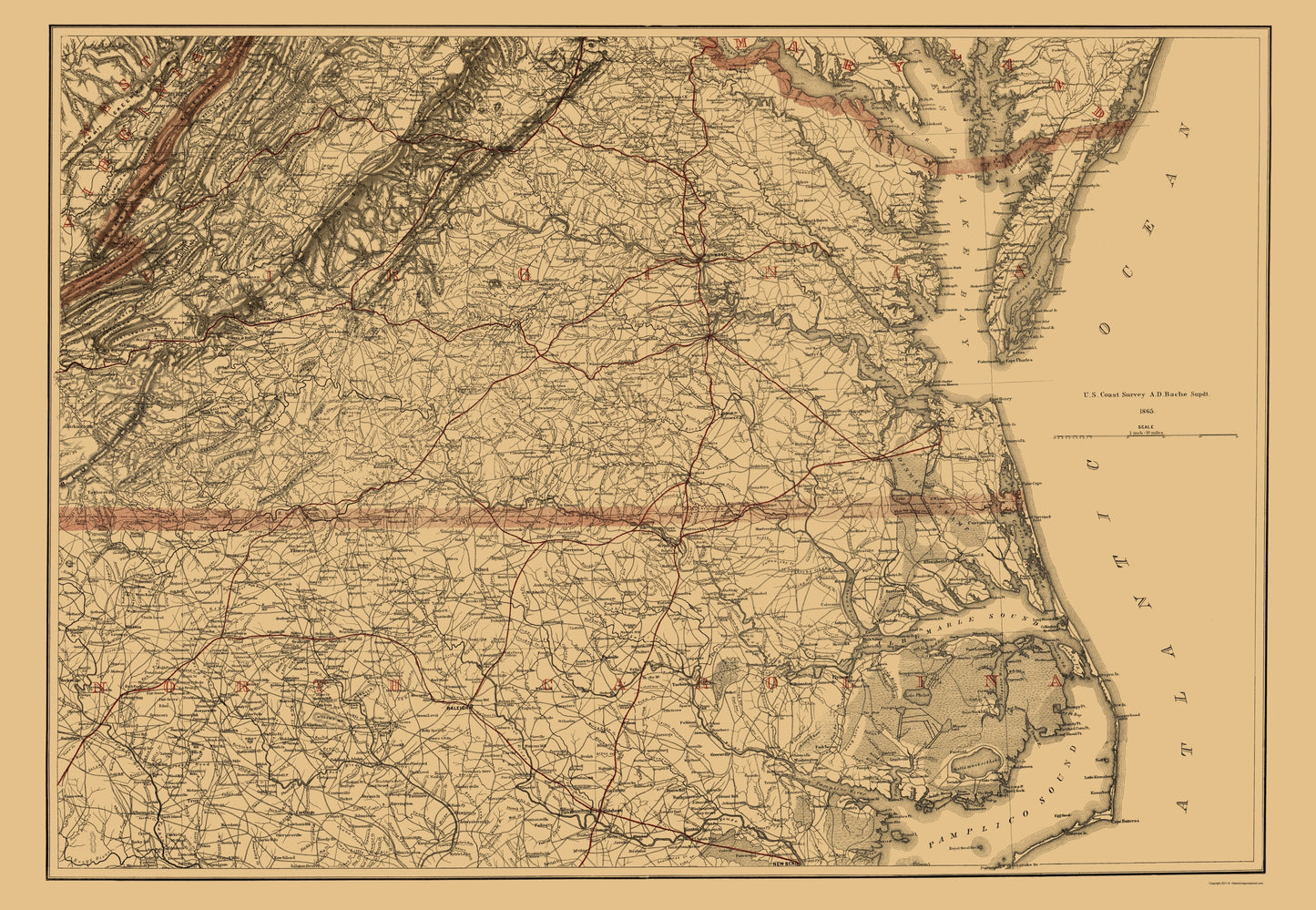 Historic State Map - Virginia South North Carolina - USCS 1865 - 23 x 33 - Vintage Wall Art