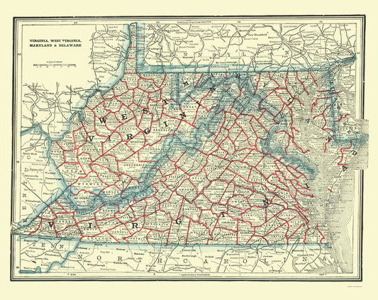 Historic State Map - Virginia West Virginia Maryland Delaware 1893 - 23 x 28 - Vintage Wall Art