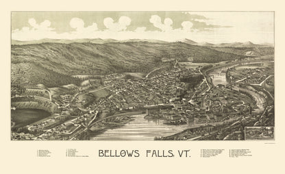 Historic Panoramic View - Bellows Falls Vermont - Burleigh 1886 - 23 x 37.63 - Vintage Wall Art