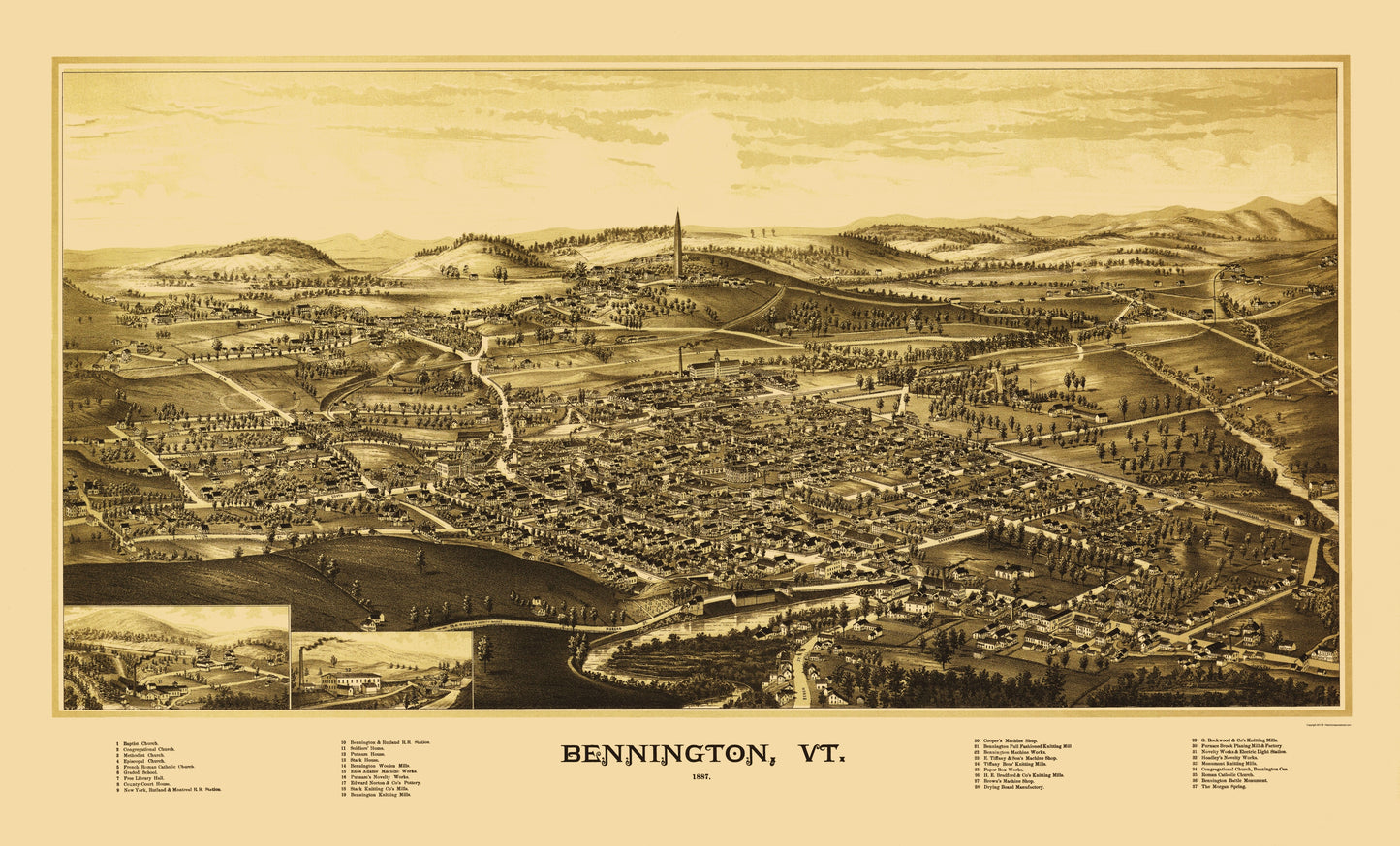 Historic Panoramic View - Bennington Vermont - Burleigh 1887 - 23 x 38.03 - Vintage Wall Art