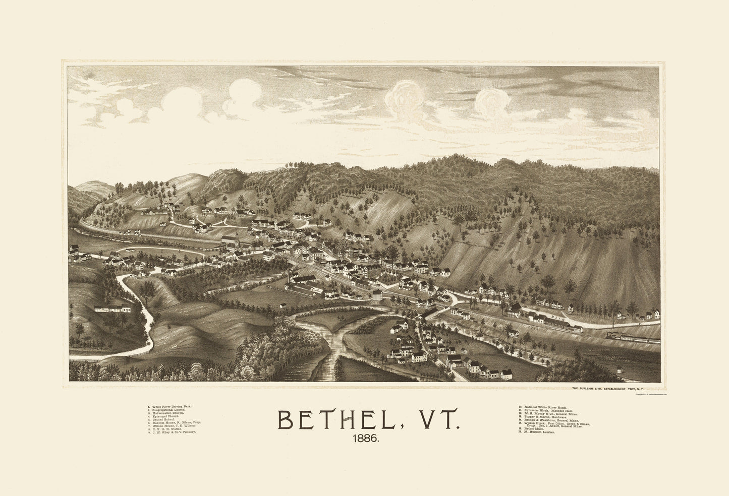 Historic Panoramic View - Bethel Vermont - Burleigh 1886 - 23 x 33.79 - Vintage Wall Art