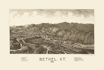 Historic Panoramic View - Bethel Vermont - Burleigh 1886 - 23 x 33.79 - Vintage Wall Art