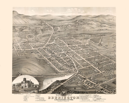 Historic Panoramic View - Bennington Vermont - Stoner 1877 - 28.74 x 23 - Vintage Wall Art