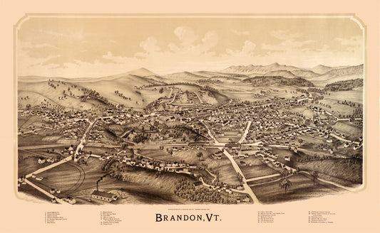 Historic Panoramic View - Brandon Vermont - Burleigh 1890 - 37.34 x 23 - Vintage Wall Art