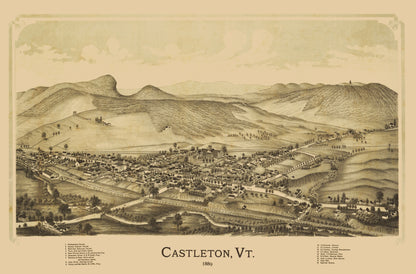 Historic Panoramic View - Castleton Vermont - Burleigh 1889 - 23 x 34.97 - Vintage Wall Art