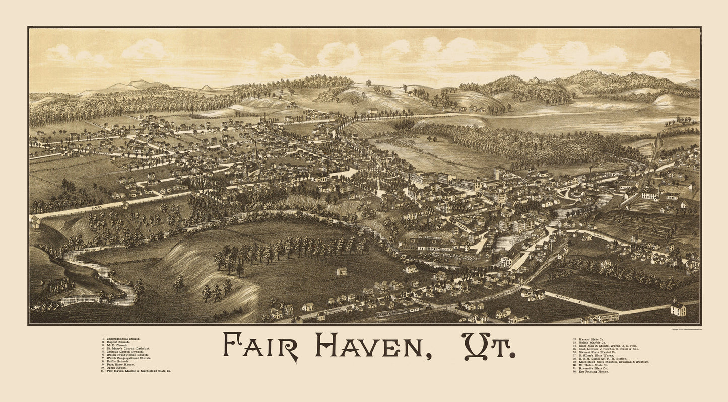 Historic Panoramic View - Fair Haven Vermont - Burleigh 1886 - 23 x 41.58 - Vintage Wall Art