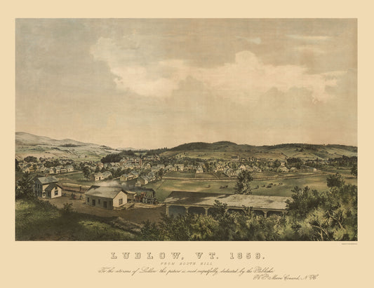 Historic Panoramic View - Ludlow Vermont - Moore 1859 - 23 x 29.81 - Vintage Wall Art