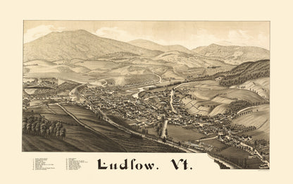 Historic Panoramic View - Ludlow Vermont - Burleigh 1885 - 23 x 36.49 - Vintage Wall Art