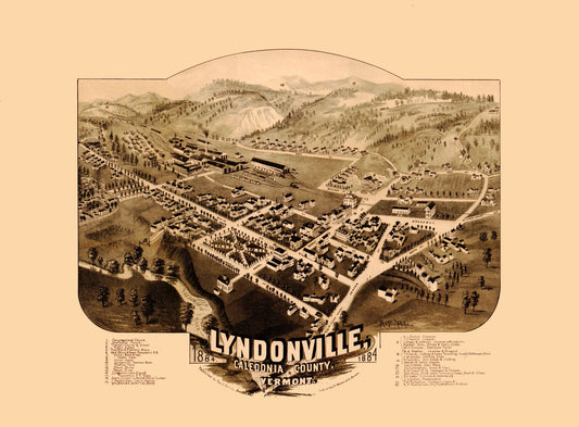 Historic Panoramic View - Lyndonville Vermont - Norris 1884 - 31.22 x 23 - Vintage Wall Art