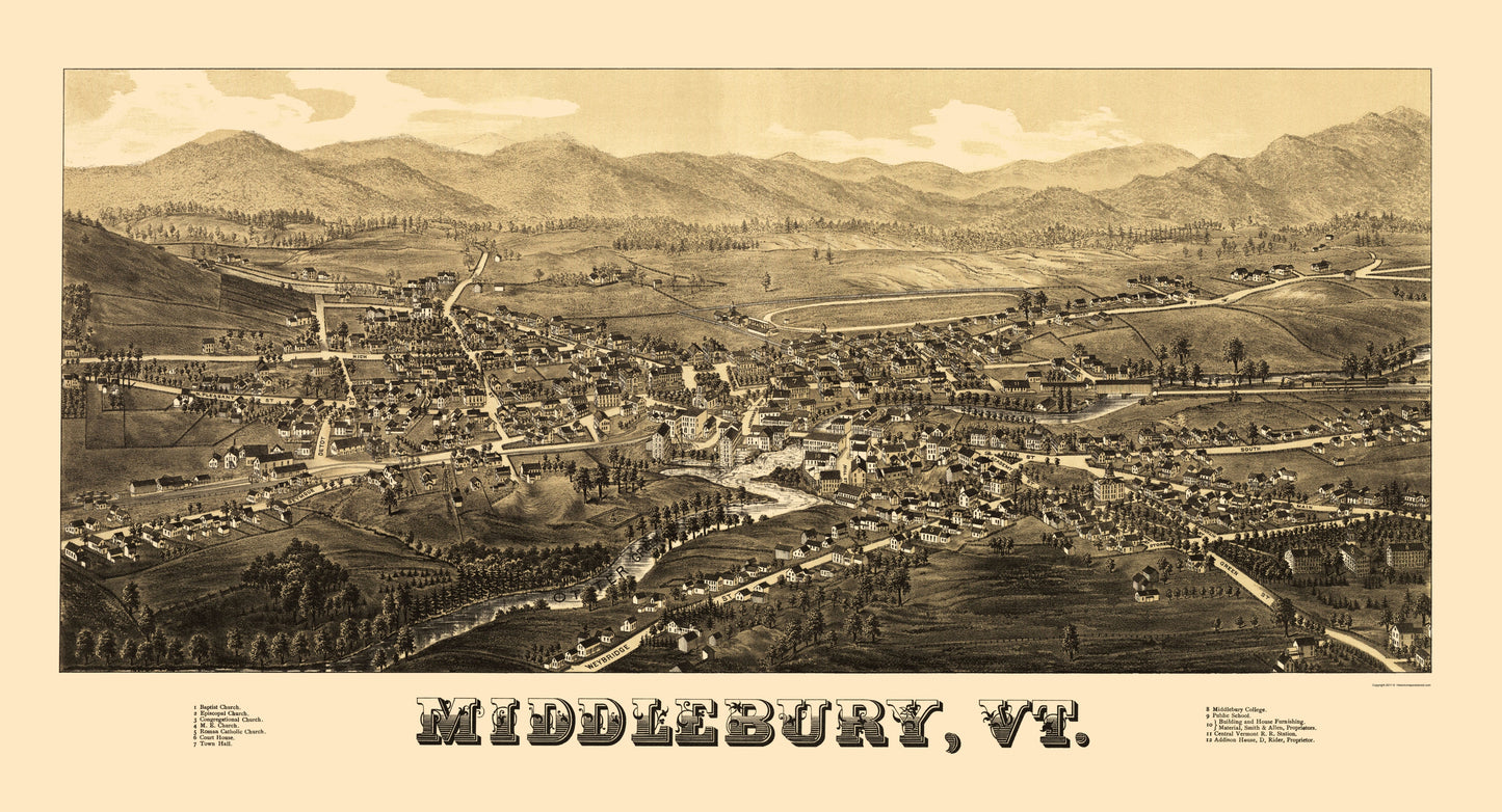 Historic Panoramic View - Middlebury Vermont - Burleigh 1886 - 23 x 42.51 - Vintage Wall Art