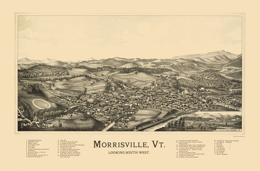 Historic Panoramic View - Morrisville Vermont - Norris 1889 - 23 x 35.01 - Vintage Wall Art