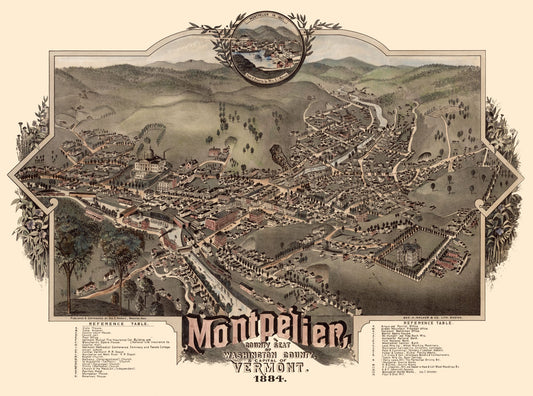 Historic Panoramic View - Montpelier Vermont - Norris 1884 - 30.97 x 23 - Vintage Wall Art