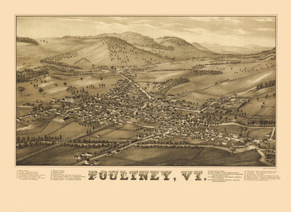 Historic Panoramic View - Poultney Vermont - Burleigh 1886 - 23 x 31.54 - Vintage Wall Art