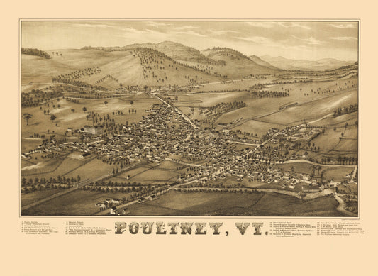 Historic Panoramic View - Poultney Vermont - Burleigh 1886 - 23 x 31.54 - Vintage Wall Art