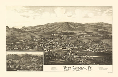 Historic Panoramic View - West Randolph Vermont - Burleigh 1886 - 23 x 35.15 - Vintage Wall Art