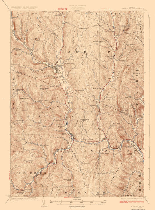 Topographical Map - Randolf Vermont Quad - USGS 1926 - 23 x 31.05 - Vintage Wall Art