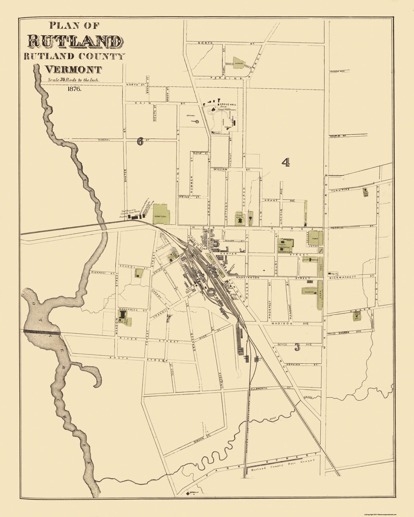 Historic City Map - Rutland Vermont - Beers 1876 - 23 x 28.69 - Vintage Wall Art